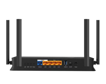 TP-Link Archer BE230 sort trådløs WiFi 7 BE3600 router med fire antenner, Ethernet, LAN, WAN, USB 3.0 og strømknap bagpå.