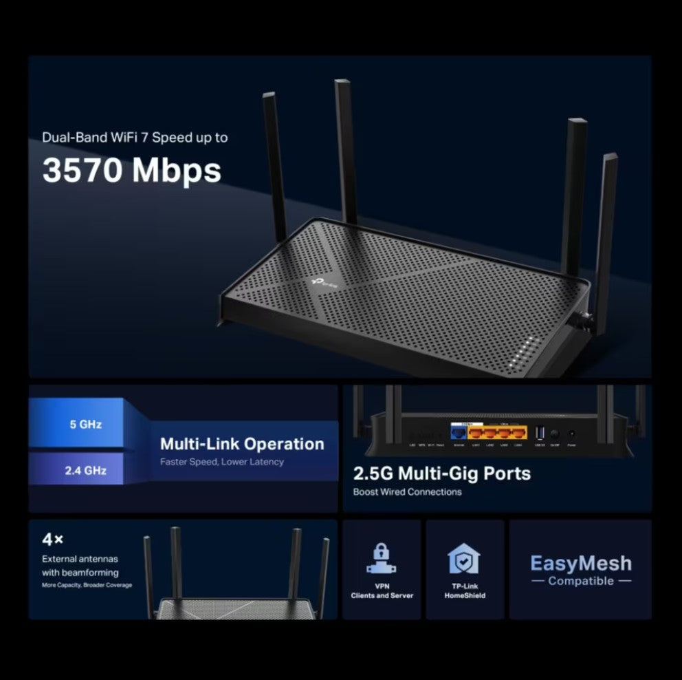 TP-Link Archer BE230 Wifi 7 trådløs router, sort, fire eksterne antenner, op til 3570 Mbps, 2.5G multi-gig porte.