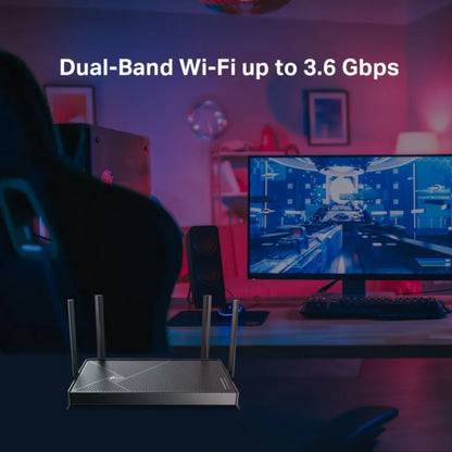 TP-Link Archer BE230 trådløs router WiFi 7 BE3600, sort, synlig tekst: Dual-Band Wi-Fi op til 3,6 Gbps.