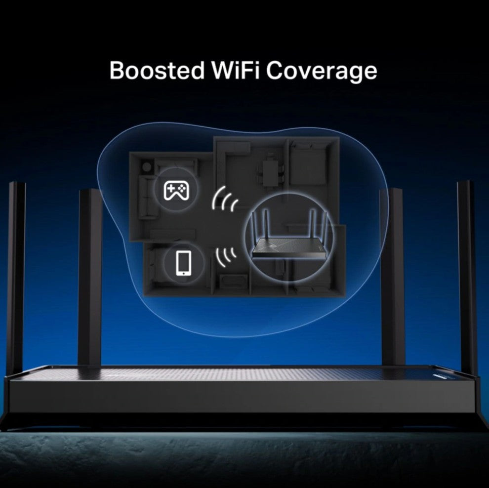 Tp-Link Archer BE230 trådløs router Wifi 7 BE3600 med blåt signal over plantegning, spillecontroller og smartphone.