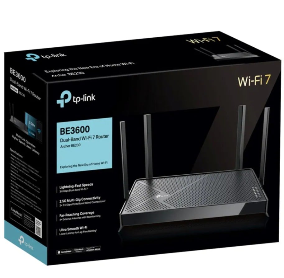TP-Link Archer BE230 sort æske med billede af Wifi 7 BE3600 trådløs router, fire antenner, dual-band.