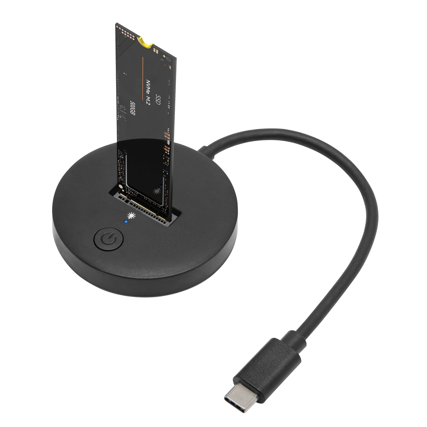 Plexgear Dockningsstation M.2 NVMe, rund sort SSD-dock med power-knap, vertikal M.2 NVMe-indgang, USB-C kabel medfølger.