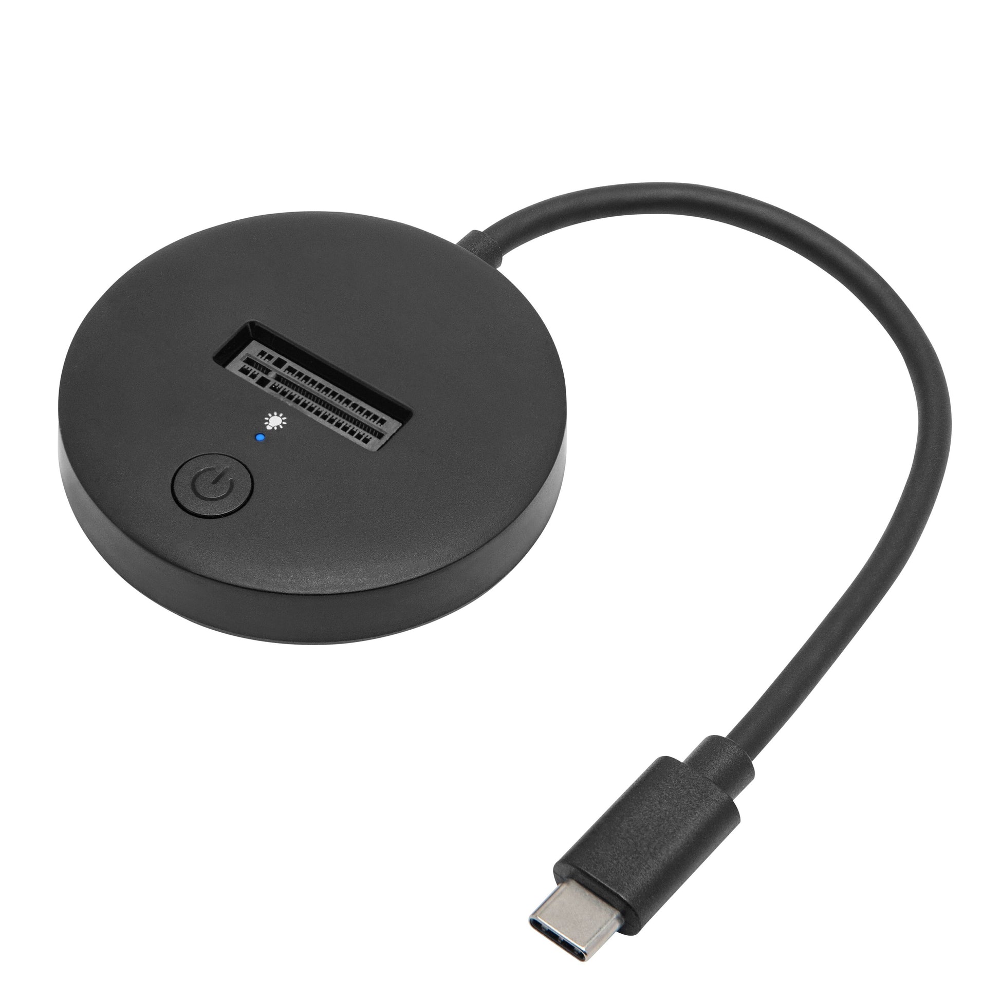 M.2 NVMe rund sort USB-C SSD dock med power-knap, kortslot, kort USB-C-kabel og blå LED ved siden af knappen.