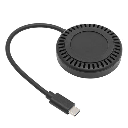 Plexgear M.2 NVMe dockningsstation, rund sort model med ventilationsslidser og kort fastmonteret USB-C kabel.