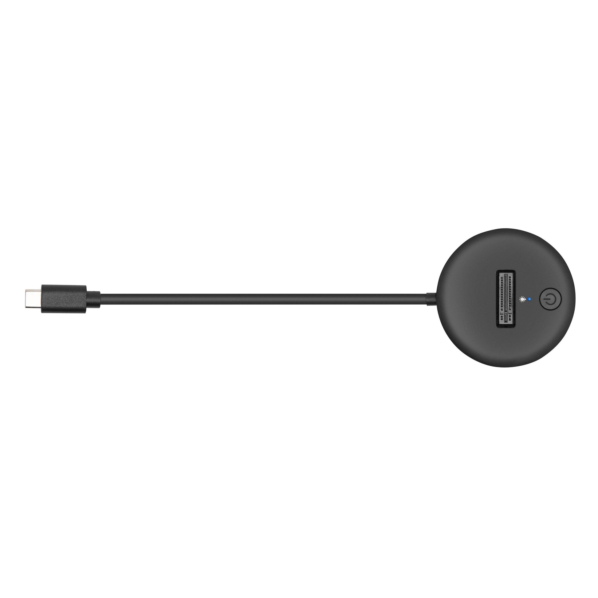 Plexgear M.2 NVMe dock, sorteret rundt med kort USB-C kabel, power-knap, LED-indikator og frontport til SSD.