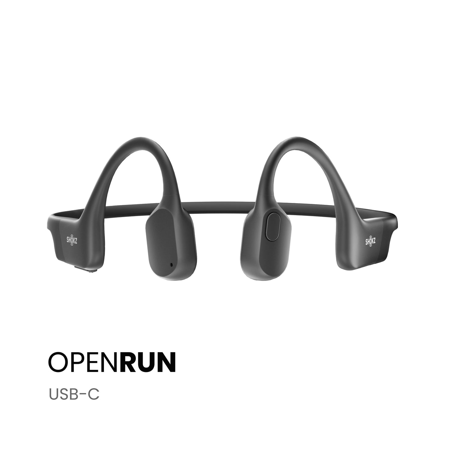 Shokz OpenRun trådløse hovedtelefoner med benledningsteknologi og teksten OPENRUN USB-C nederst til venstre.