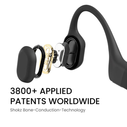 Shokz OpenRun trådløse hovedtelefoner sort, USB-C, adskilte interne dele til benledningsteknologi, 3800+ patenter.