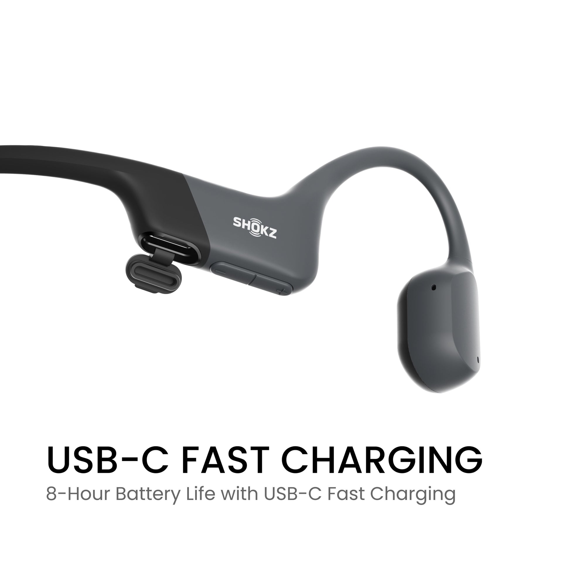 Shokz OpenRun trådløse hovedtelefoner med USB-C opladning, 8 timers batteri og benledningsteknologi.