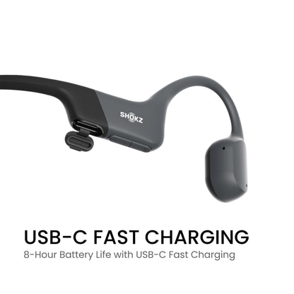 Shokz OpenRun trådløse hovedtelefoner med USB-C opladning, 8 timers batteri og benledningsteknologi.