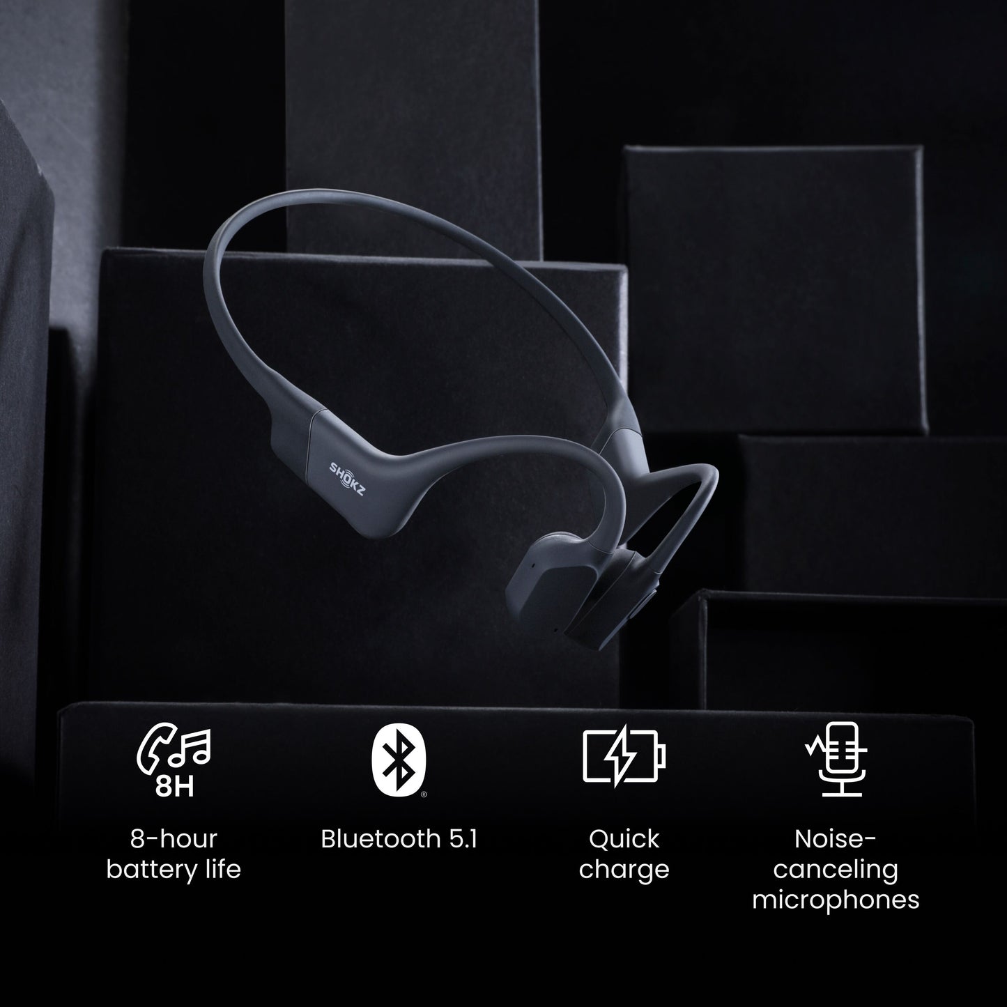 Shokz OpenRun trådløse hovedtelefoner USB-C sort, 8 timers batteri, Bluetooth 5.1, hurtigopladning, støjreduktion.
