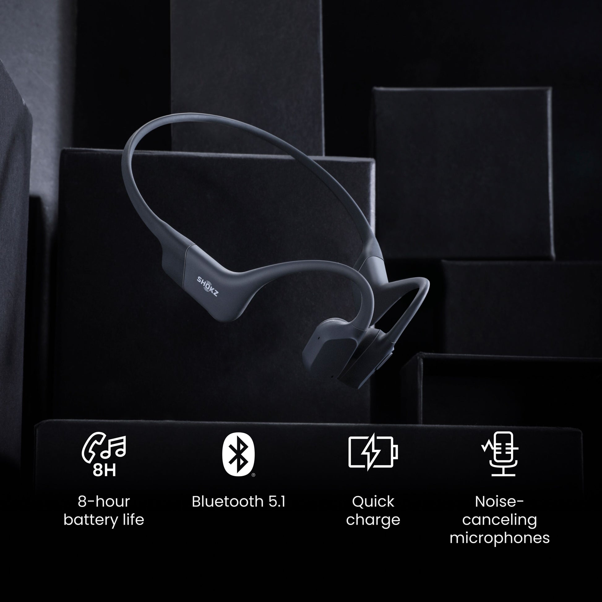 Shokz OpenRun trådløse hovedtelefoner USB-C sort, 8 timers batteri, Bluetooth 5.1, hurtigopladning, støjreduktion.