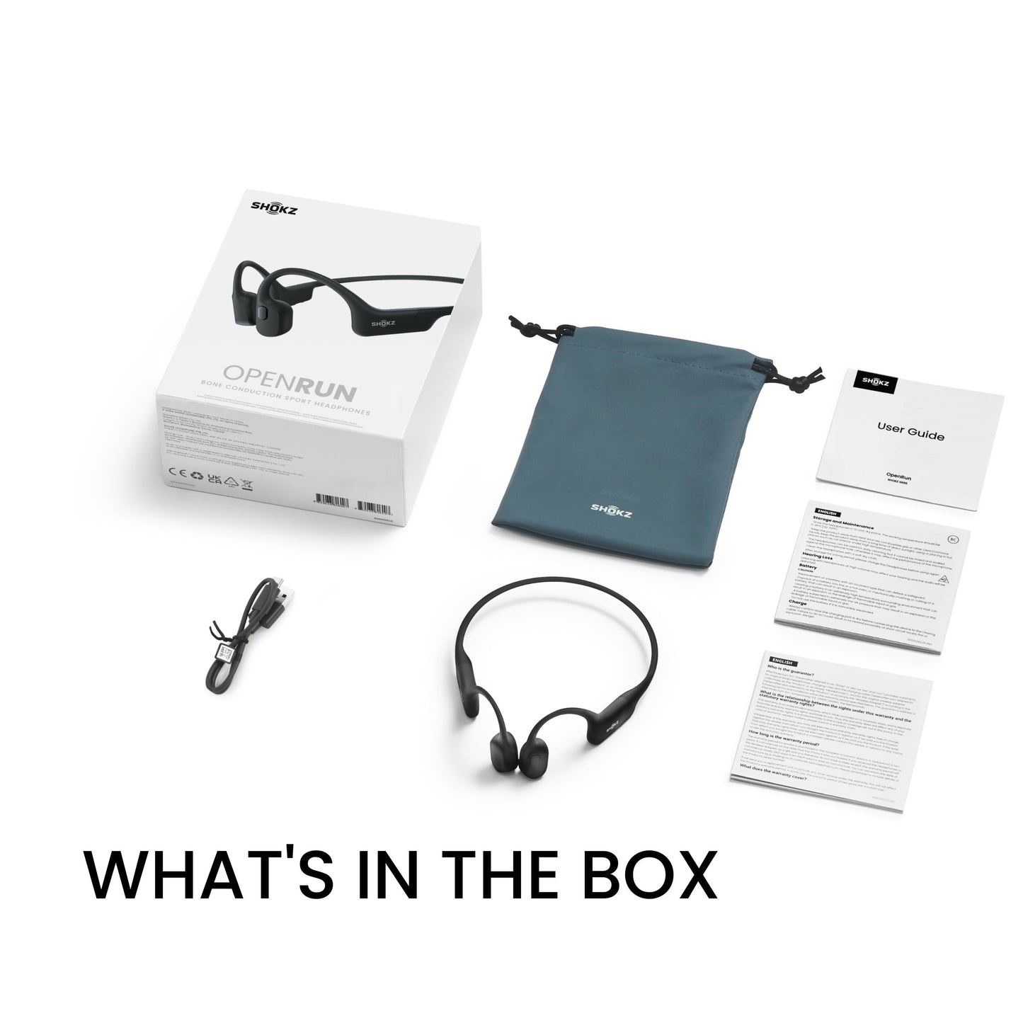 Shokz OpenRun trådløse hovedtelefoner USB-C sort, emballage, grå pose, USB-C kabel, manual og garanti.