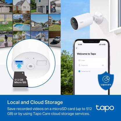 TP-Link Tapo C410 solcellekamera med microSD-kortplads op til 512GB, cloud-lagring og Tapo app til fjernovervågning.