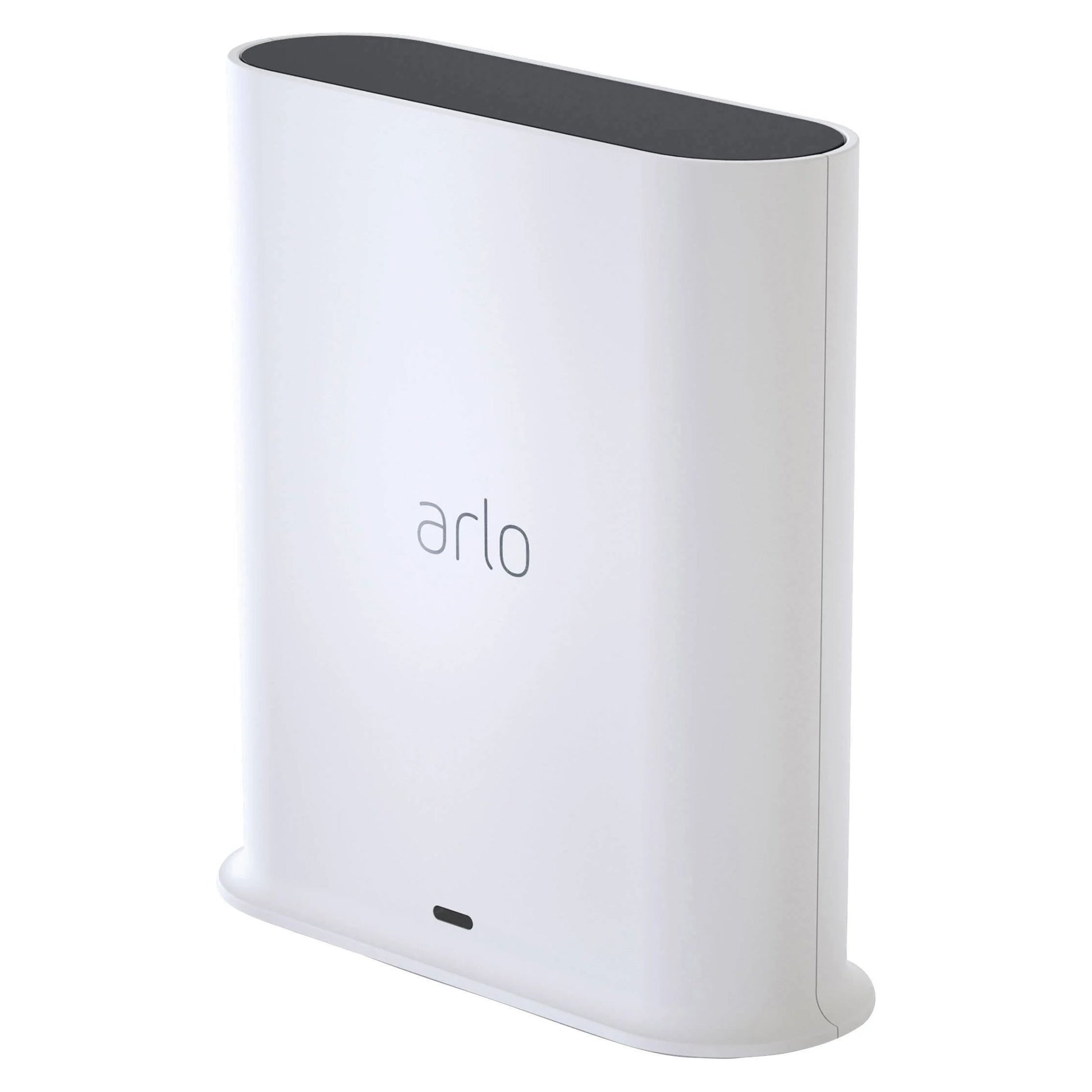 Arlo Ultra SmartHub basestation til Arlo-kameraer, hvid rektangulær med afrundede kanter og sort top.