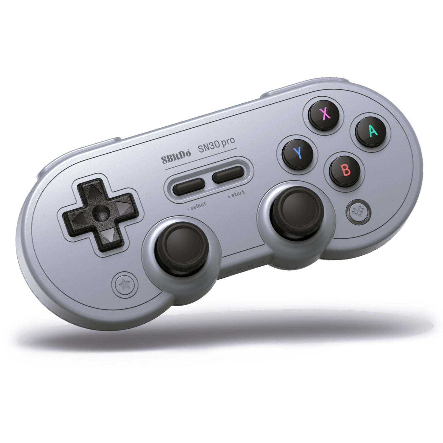 8Bitdo SN30 Pro Hall Edition trådløs sølv controller med to analoge sticks, D-pad, fire farvede knapper og start/select.