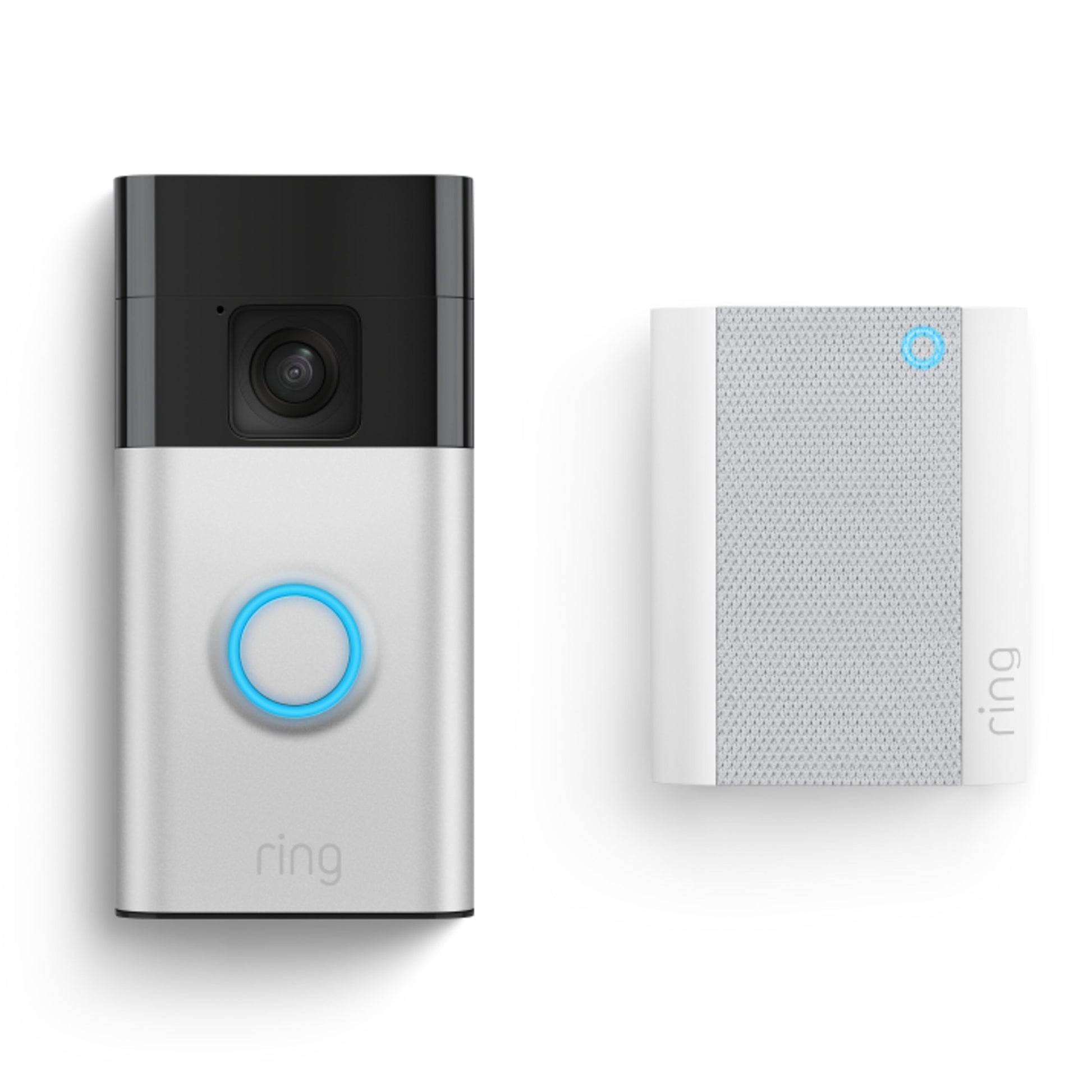 Ring video-dørklokke batteridrevet med Chime Gen.2, sølv/sort, blå lysring, Ring-logo, 1440x1440p video.