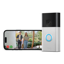 Ring batteridrevet video-dørklokke Chime Gen.2, 1440x1440p kamera, synligt blåt oplyst knap, vises på smartphone.