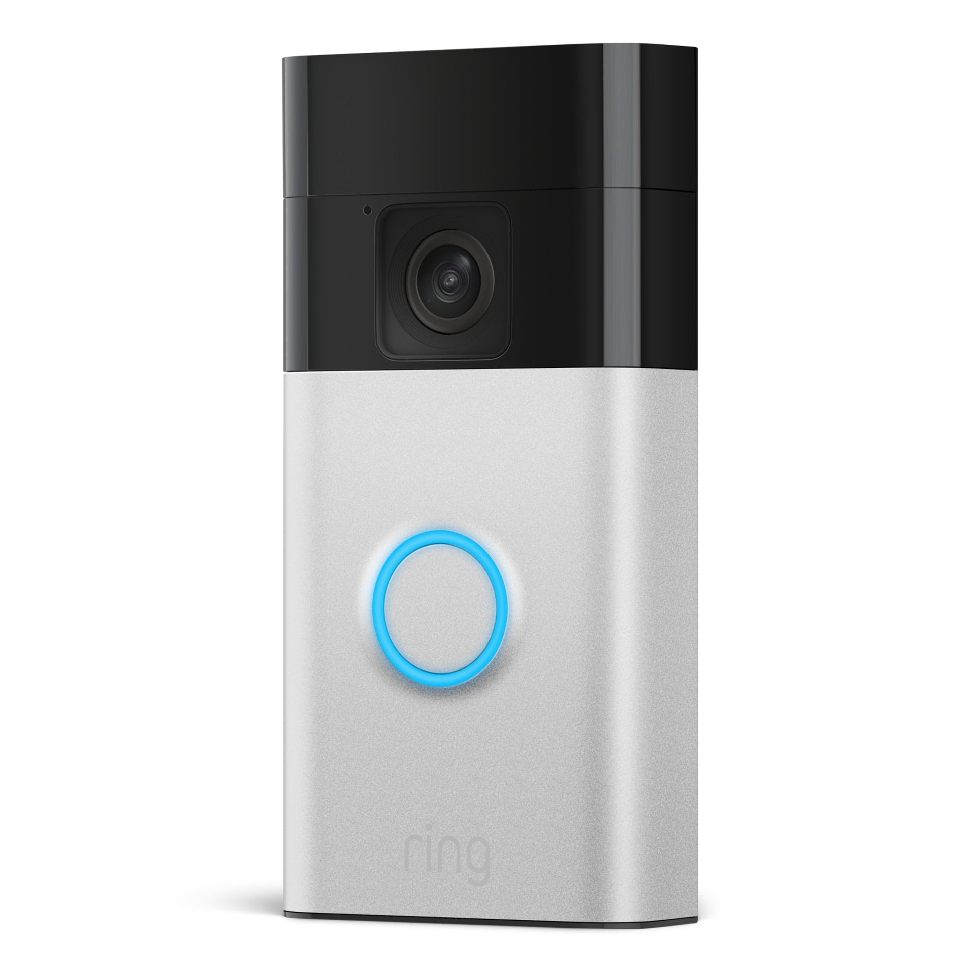 Ring Batteridrevet video-dørklokke Chime Gen.2, sølv-sort, 1440x1440p kamera øverst, blå cirkulær knap i midten.