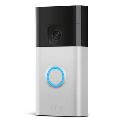Ring Batteridrevet video-dørklokke Chime Gen.2, sølv-sort, 1440x1440p kamera øverst, blå cirkulær knap i midten.