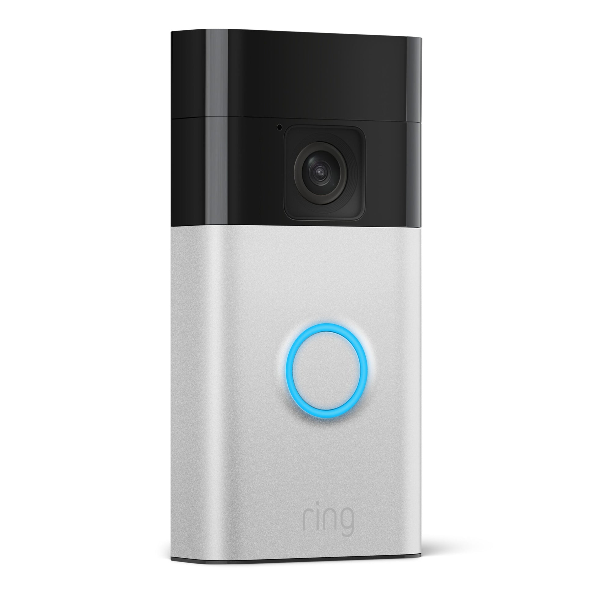 Ring Batteridrevet video-dørklokke Chime Gen.2 sølv, sort topkamera, blå knap, 1440x1440p, Ring logo nederst.