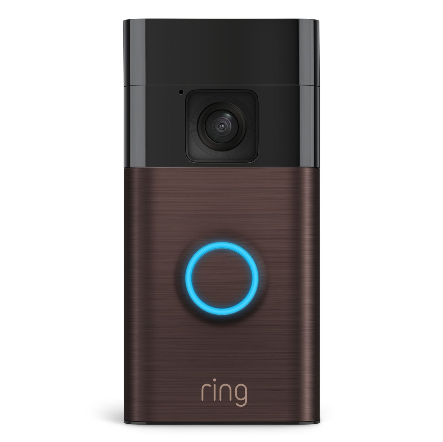 Ring batteridrevet video dørklokke venetiansk bronze, lysende blå ring om knap, farve-nattesyn, bevægelsesregistrering, frontvisning.