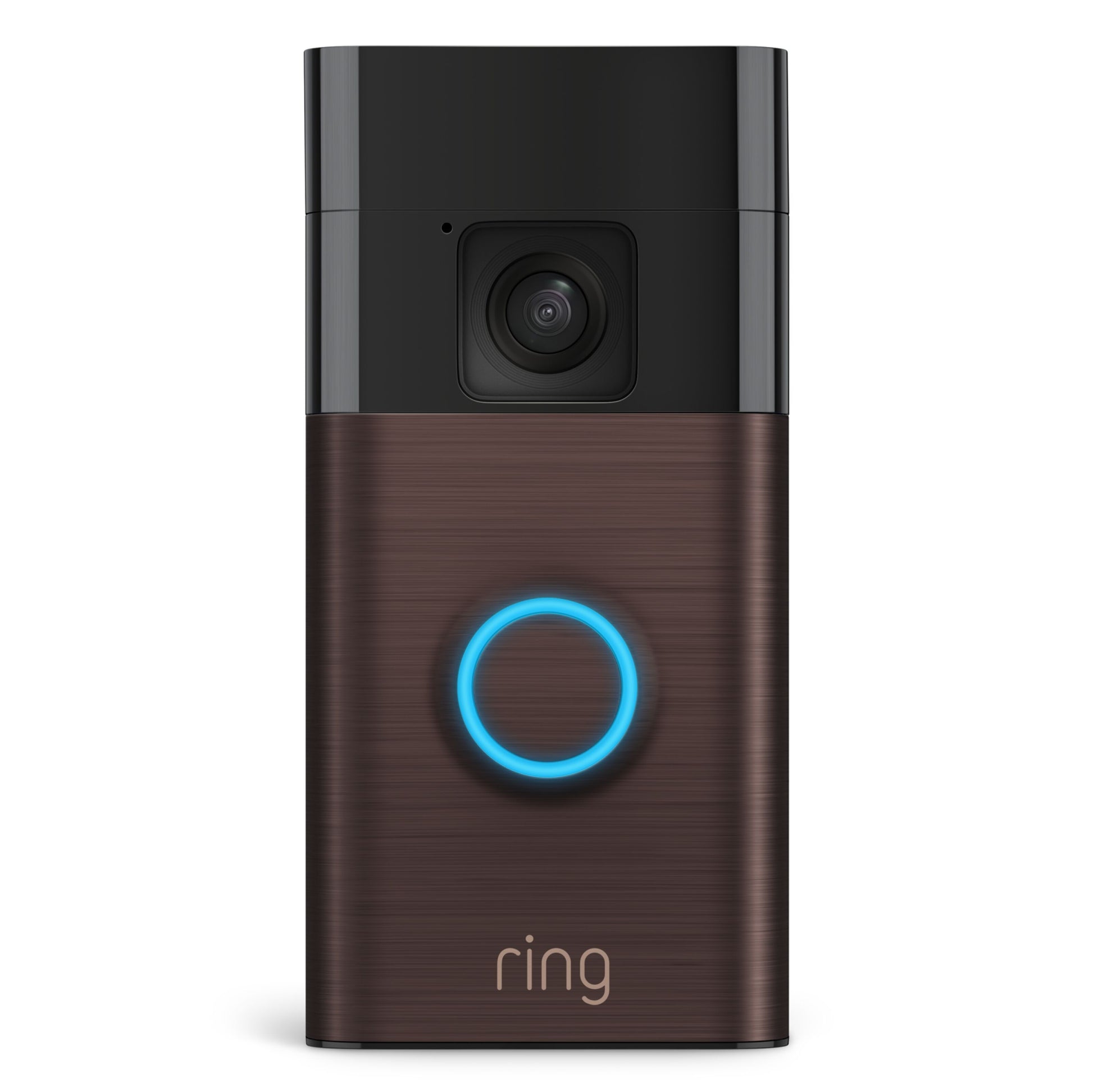 Ring batteridrevet video dørklokke venetiansk bronze, lysende blå ring om knap, farve-nattesyn, bevægelsesregistrering, frontvisning.