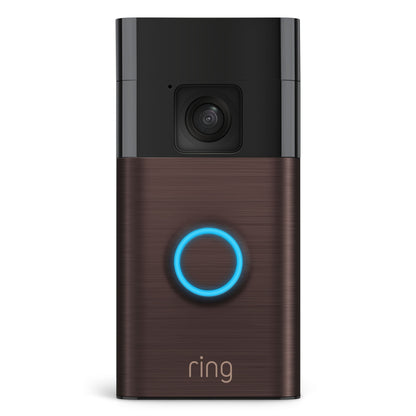 Ring batteridrevet video dørklokke venetiansk bronze, lysende blå ring om knap, farve-nattesyn, bevægelsesregistrering, frontvisning.