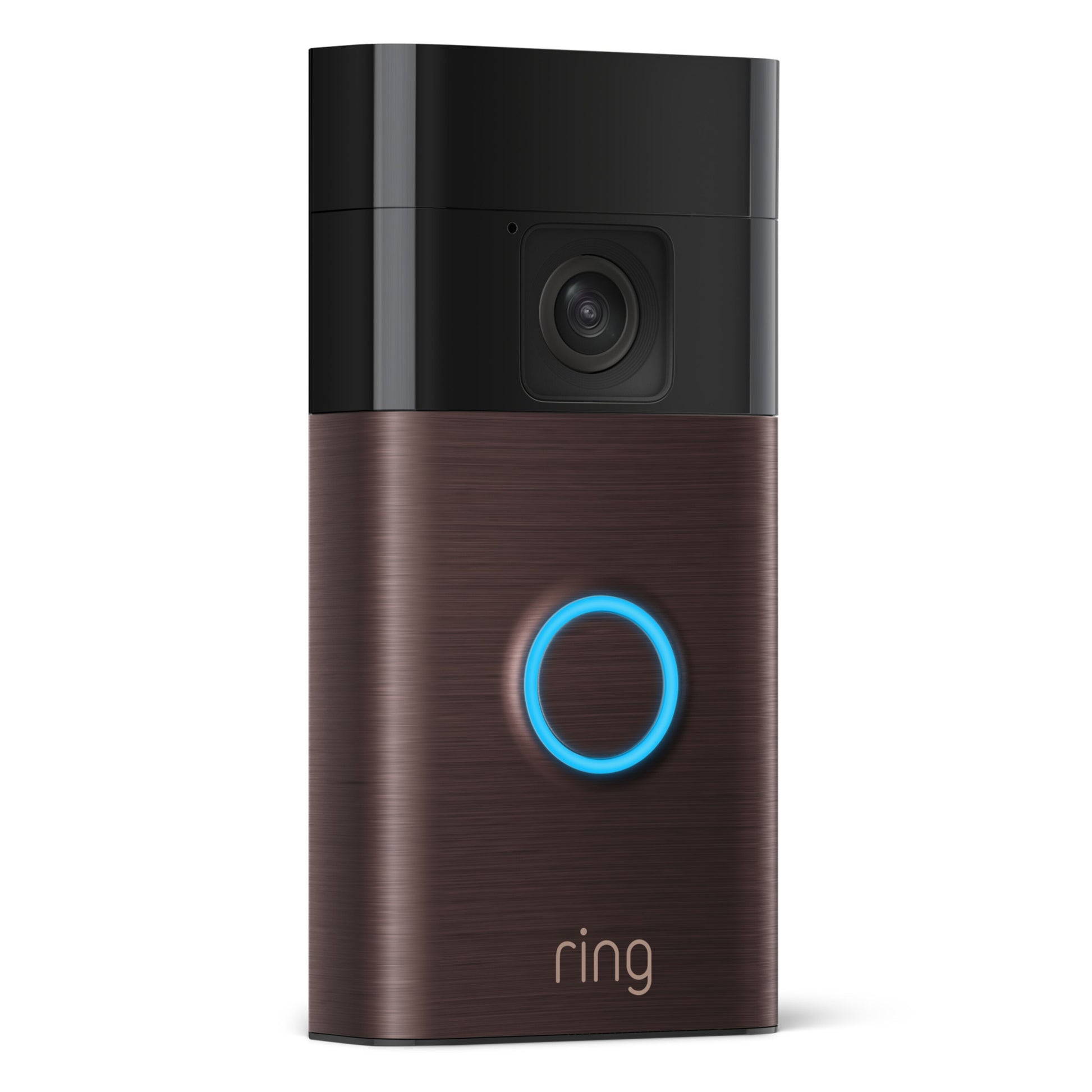 Ring batteridrevet video-dørklokke, venetiansk bronze, kamera øverst, farve-nattesyn, blå belyst knap med "ring.