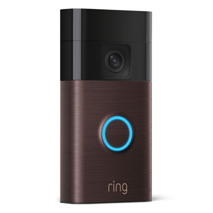 Ring batteridrevet video-dørklokke, venetiansk bronze, kamera øverst, farve-nattesyn, blå belyst knap med "ring.