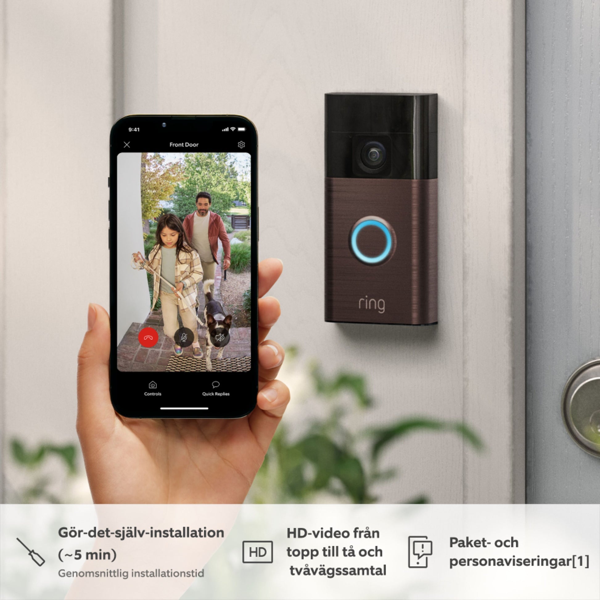 Ring batteridrevet video-dørklokke venetiansk bronze vises med videosamtale på smartphone, tekst om installation og HD nattsyn.