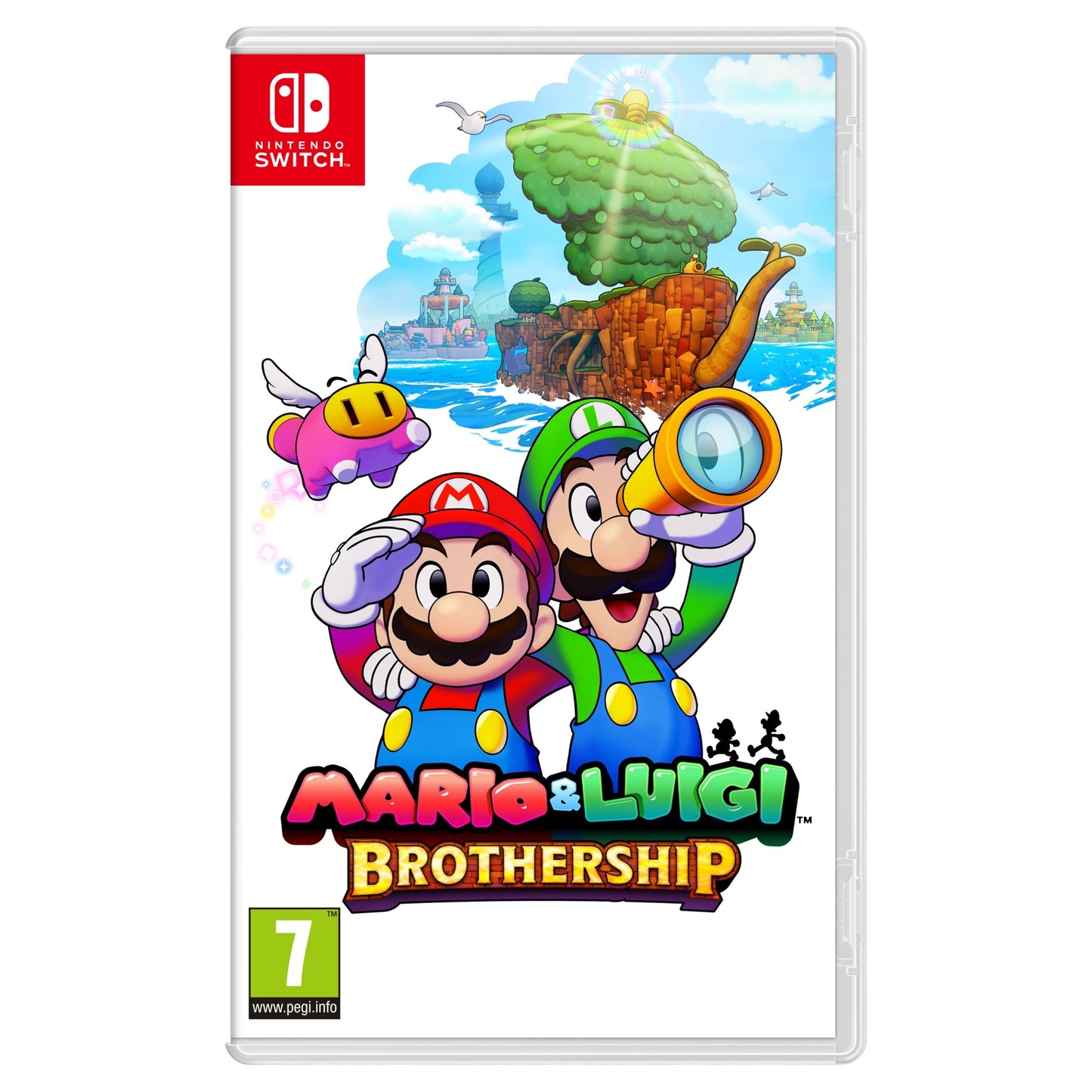 Mario  Luigi: Brothership spilcover med Mario og Luigi i farvede dragter, kikkert, lyserød figur og ø-baggrund.