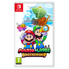 Mario  Luigi: Brothership spilcover med Mario og Luigi i farvede dragter, kikkert, lyserød figur og ø-baggrund.