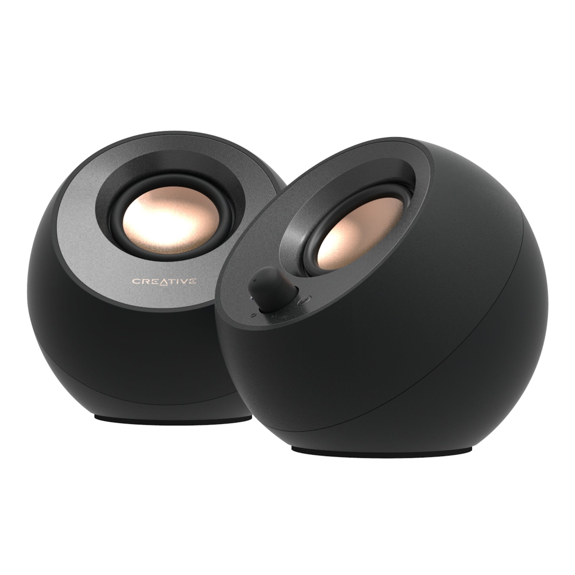 Creative Pebble V3 computerhøjttaler, sort, 2 runde enheder med kobberfarvede membraner, volumenkontrol, Bluetooth 5.0, USB-C.