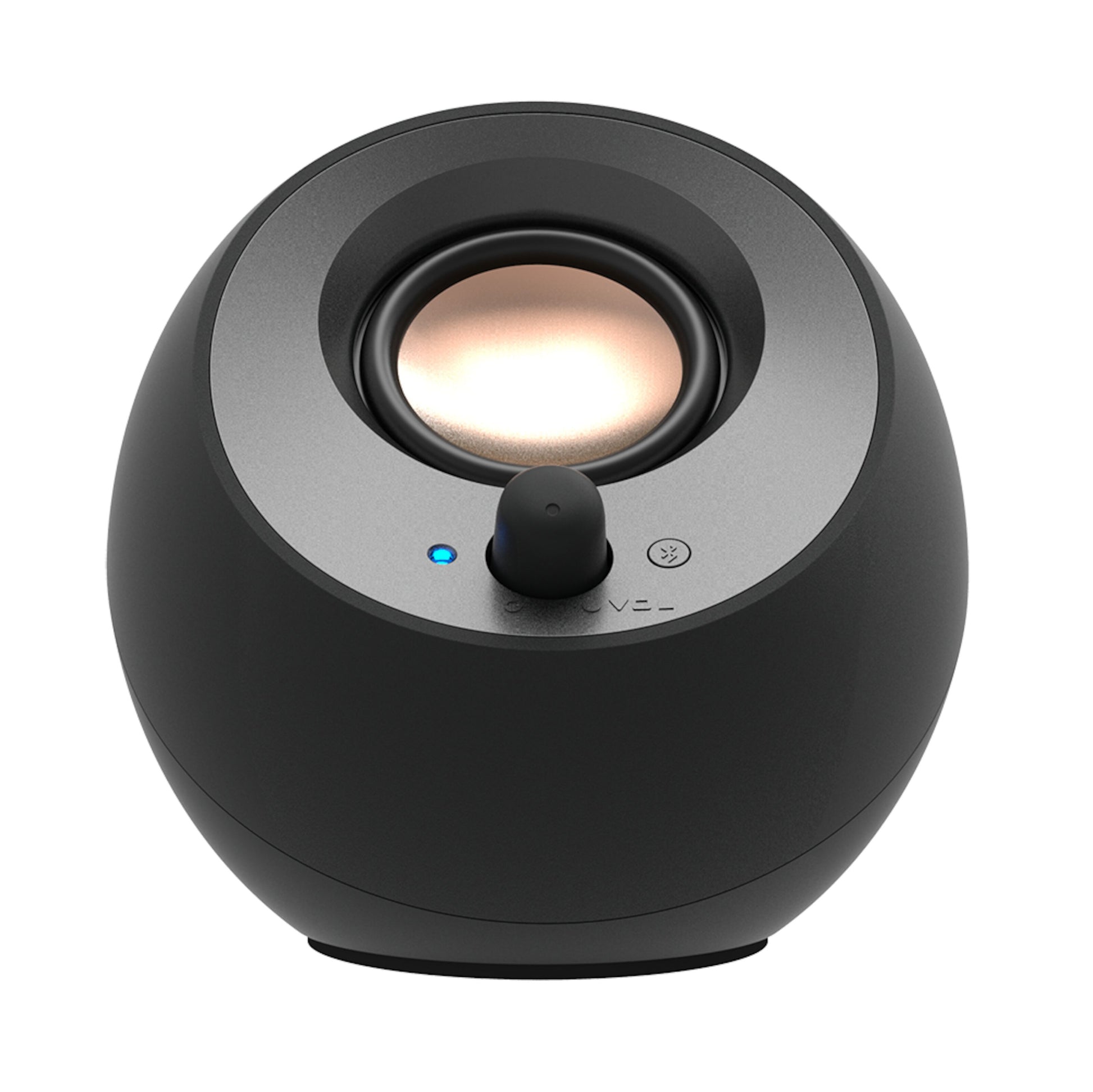 Creative Pebble V3 sort, rund computerhøjttaler med Bluetooth 5.0, metallisk højttalerenhed, kontrolknap, USB-C og blå LED.