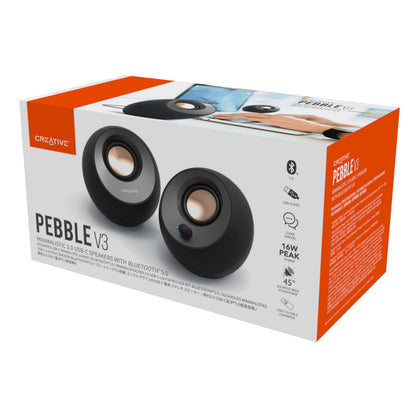 Creative Pebble V3 computerhøjttalere sort, rund, Bluetooth 5.0, USB-C ikon, 16W max effekt, laptop og mobil bagved.