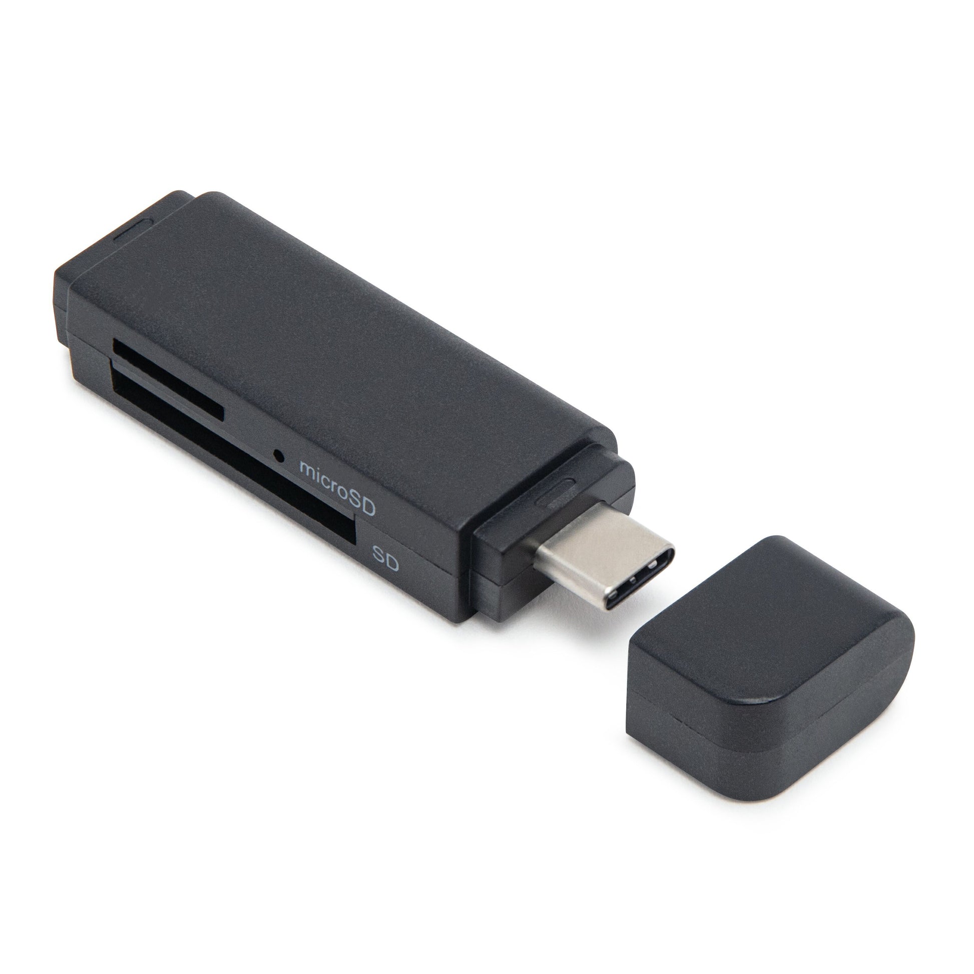 Plexgear hukommelseskortlæser med OTG til SD og Micro-SD, uden beskyttelseshætte som ligger ved siden af.