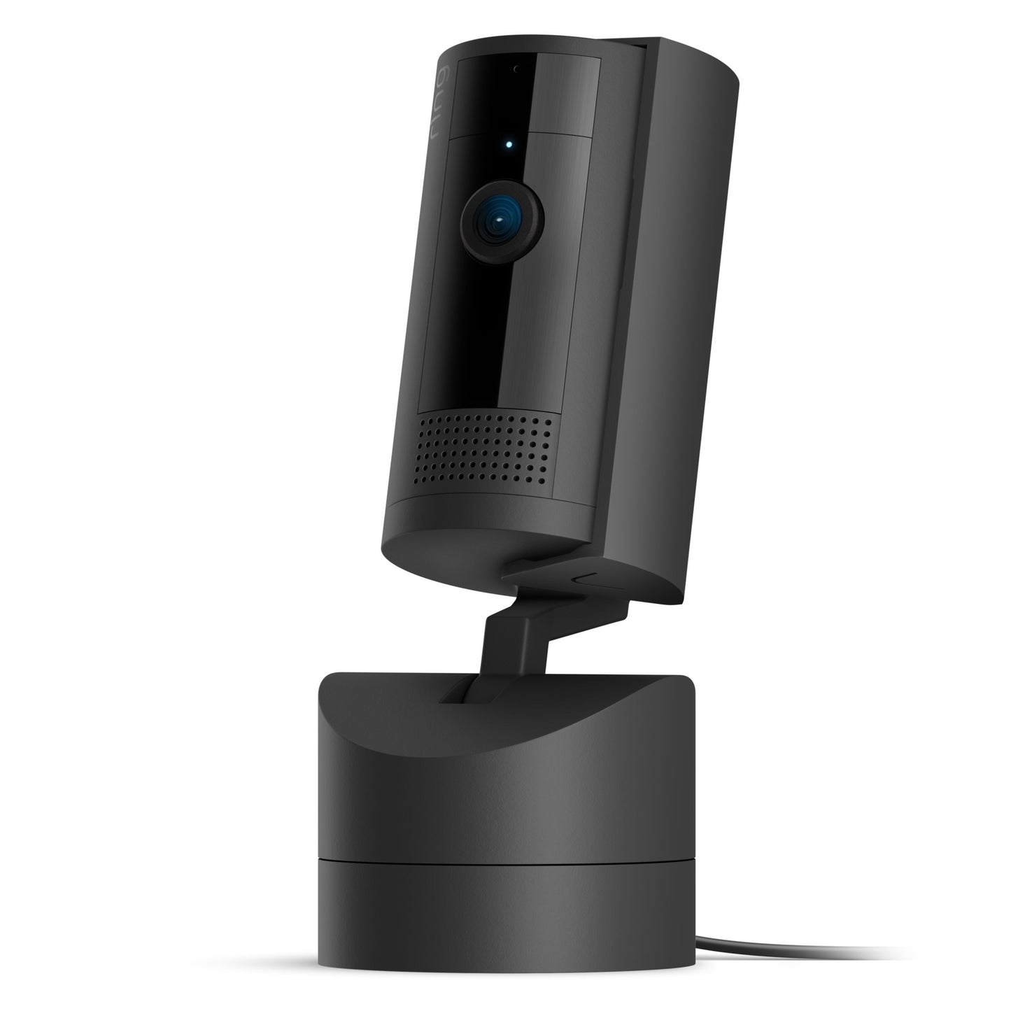 Ring Pan-Tilt indendørs kamera sort, cylinder på rektangulær base, 1080p HD linse, 360° panorering, statuslys, kabel synligt.
