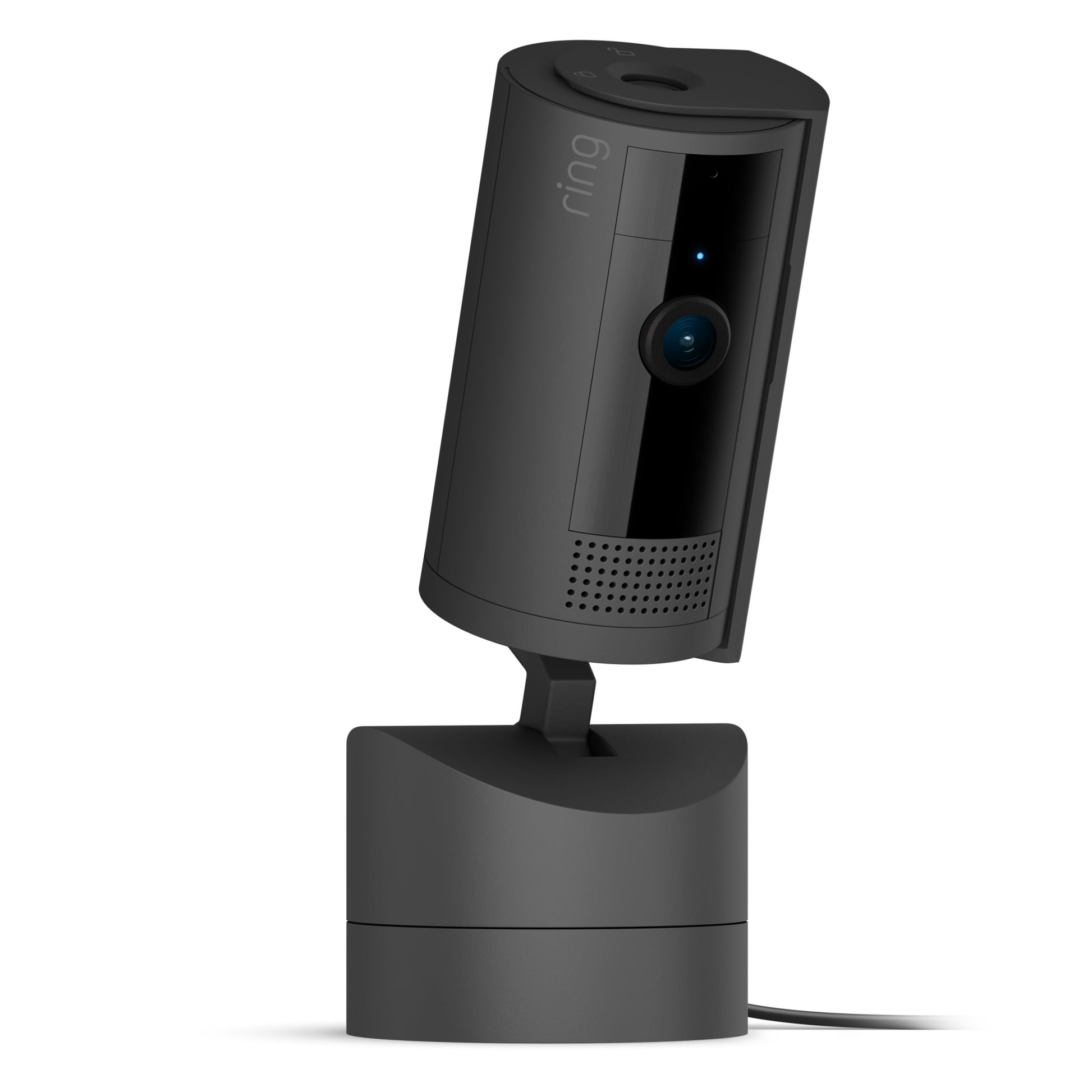 Ring Pan-Tilt Indendørs Kamera sort, vidvinkellinse, 360° panorering, justerbart stativ, højttalergrill, statuslys.