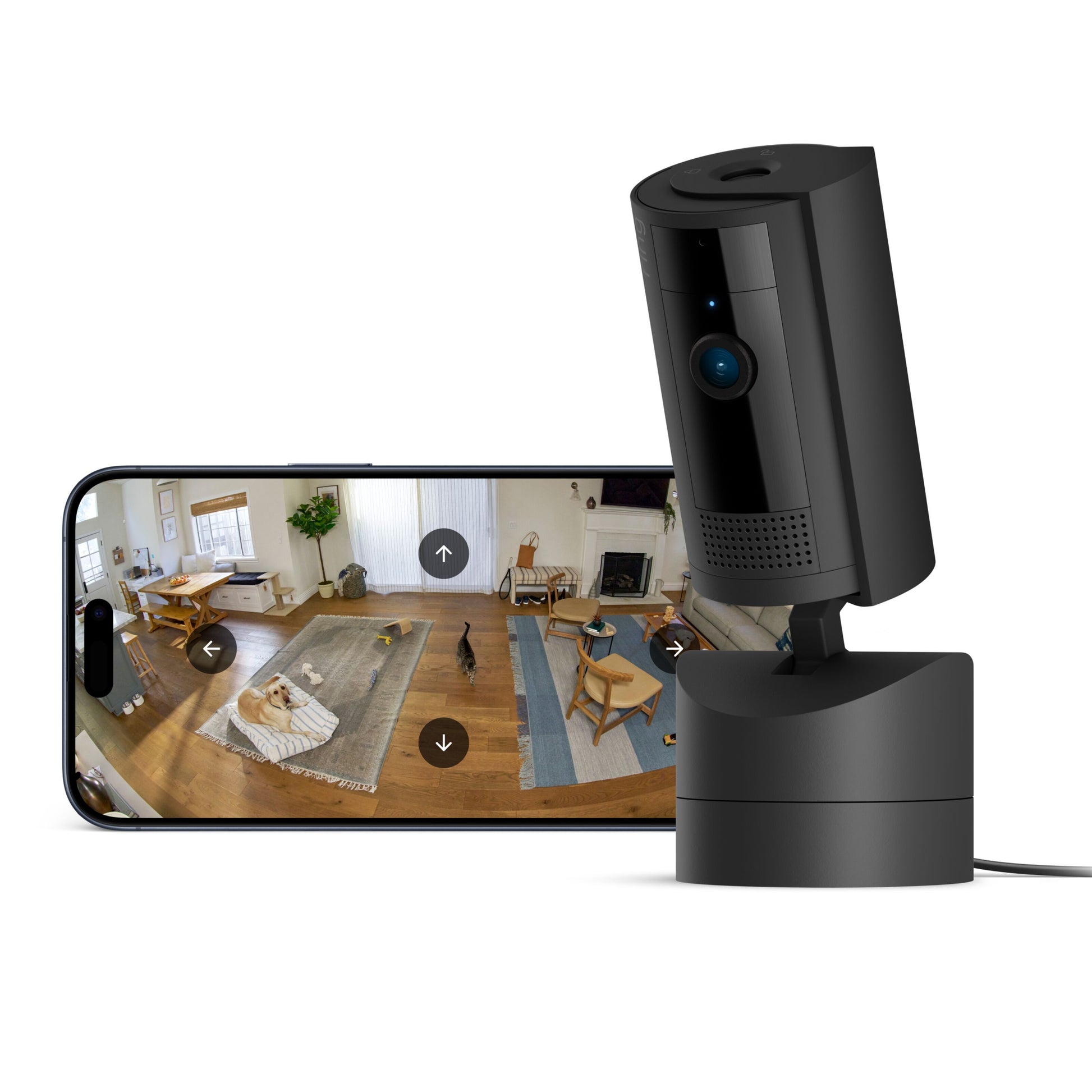 Ring Pan-Tilt Indendørs Kamera Sort vist foran smartphone med 1080p HD livevisning og 360° panorering.