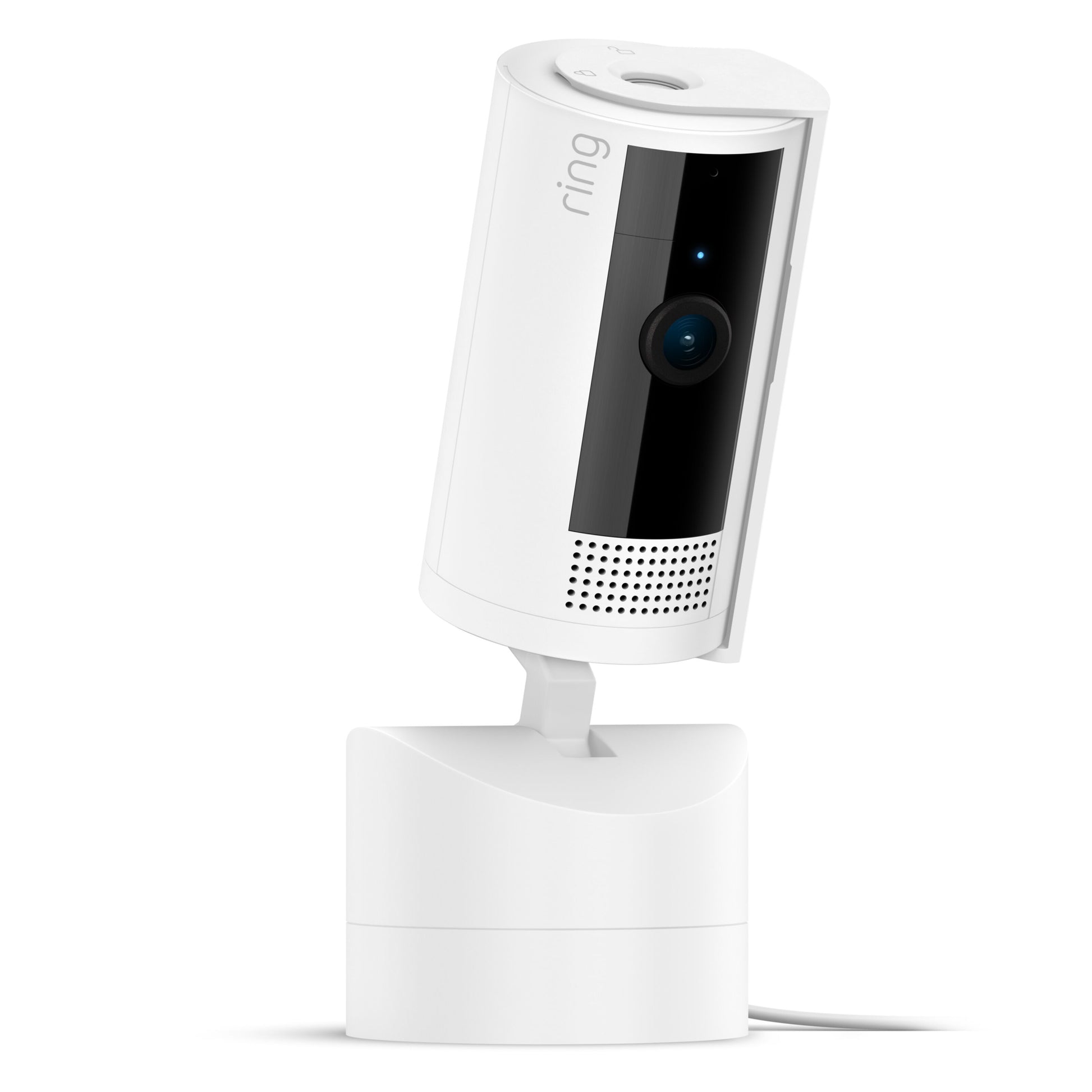 Ring Pan-Tilt indendørs kamera, cylindrisk hvidt design med sort front, linse, LED-indikator, højttaler og farve-nattesyn.