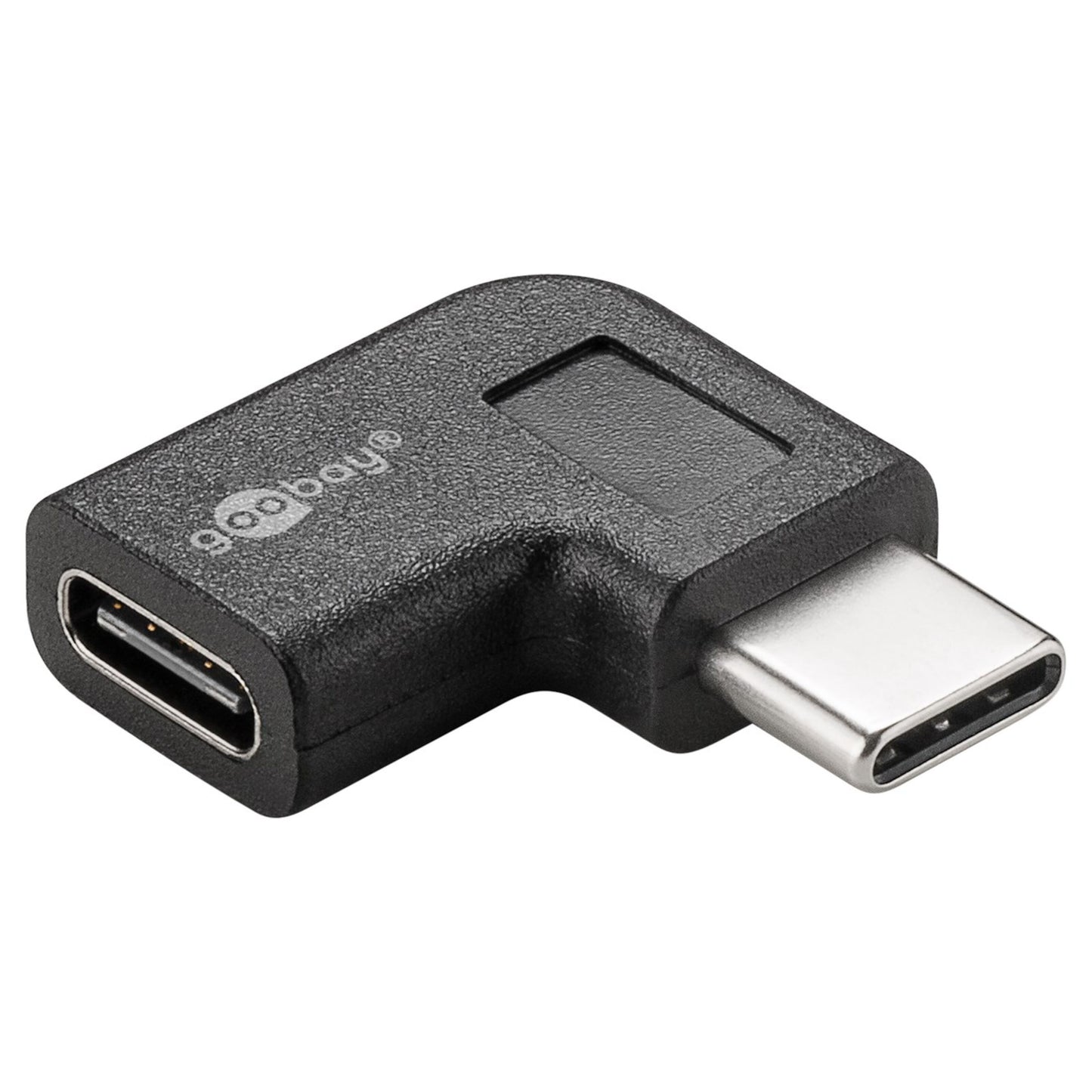 Goobay USB-C 90° vinkeladapter med han og hun port, Goobay-logo trykt på adapterens overflade.