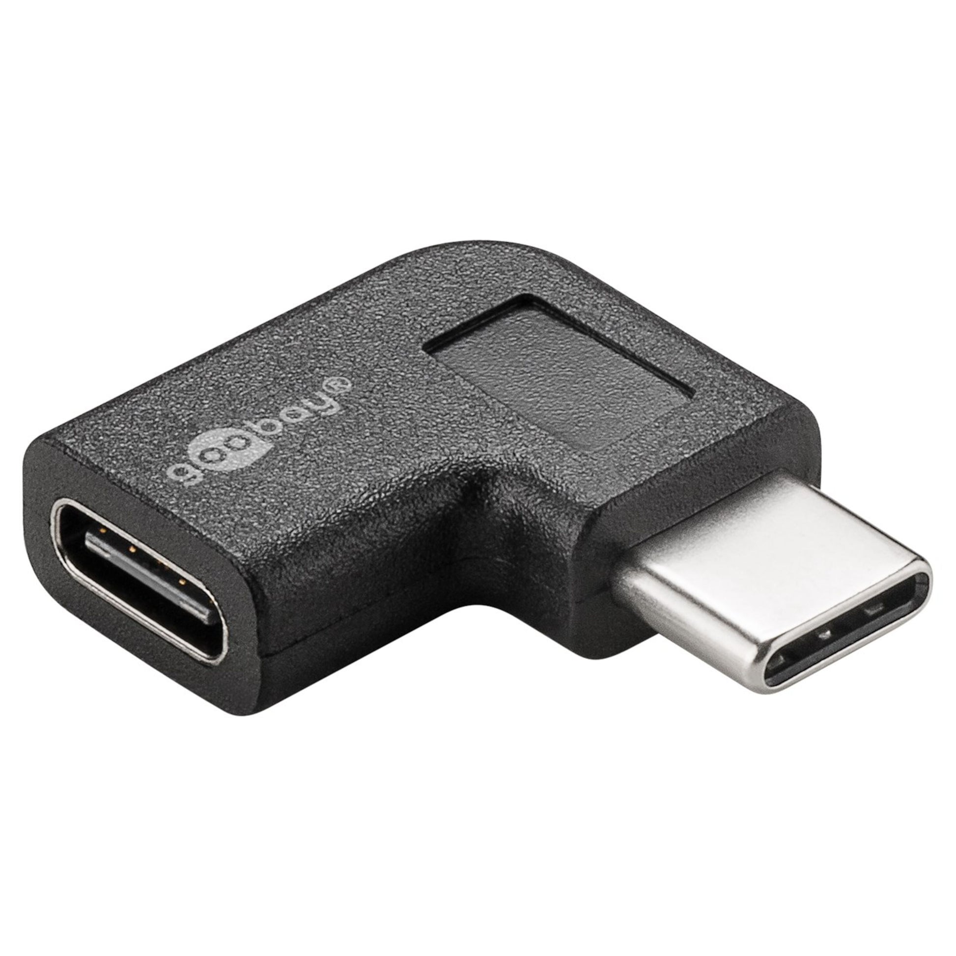 Goobay USB-C 90° vinkeladapter med han og hun port, Goobay-logo trykt på adapterens overflade.