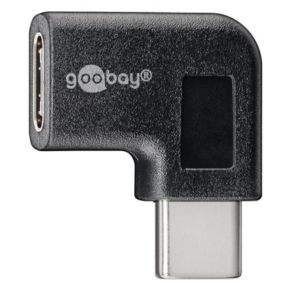 Goobay USB-C vinkeladapter 90°, sort, L-formet med USB-C han i bunden og hun til venstre til dataoverførsel.