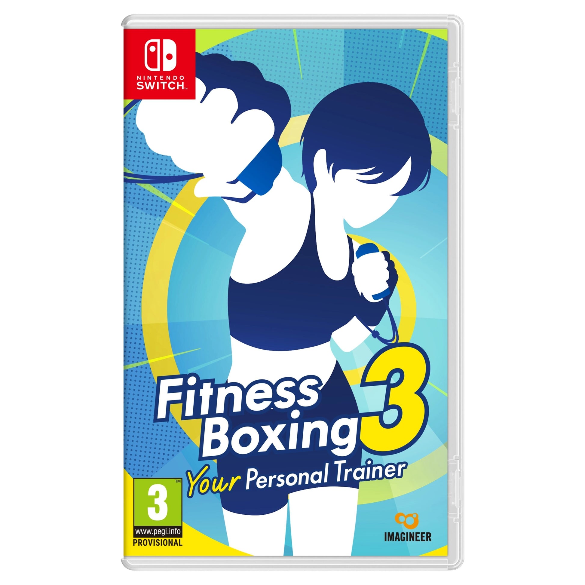 Nintendo Fitness Boxing 3 Nintendo Switch spilcover med tegneserie-bokser i kampstilling, blå baggrund, PEGI 3.