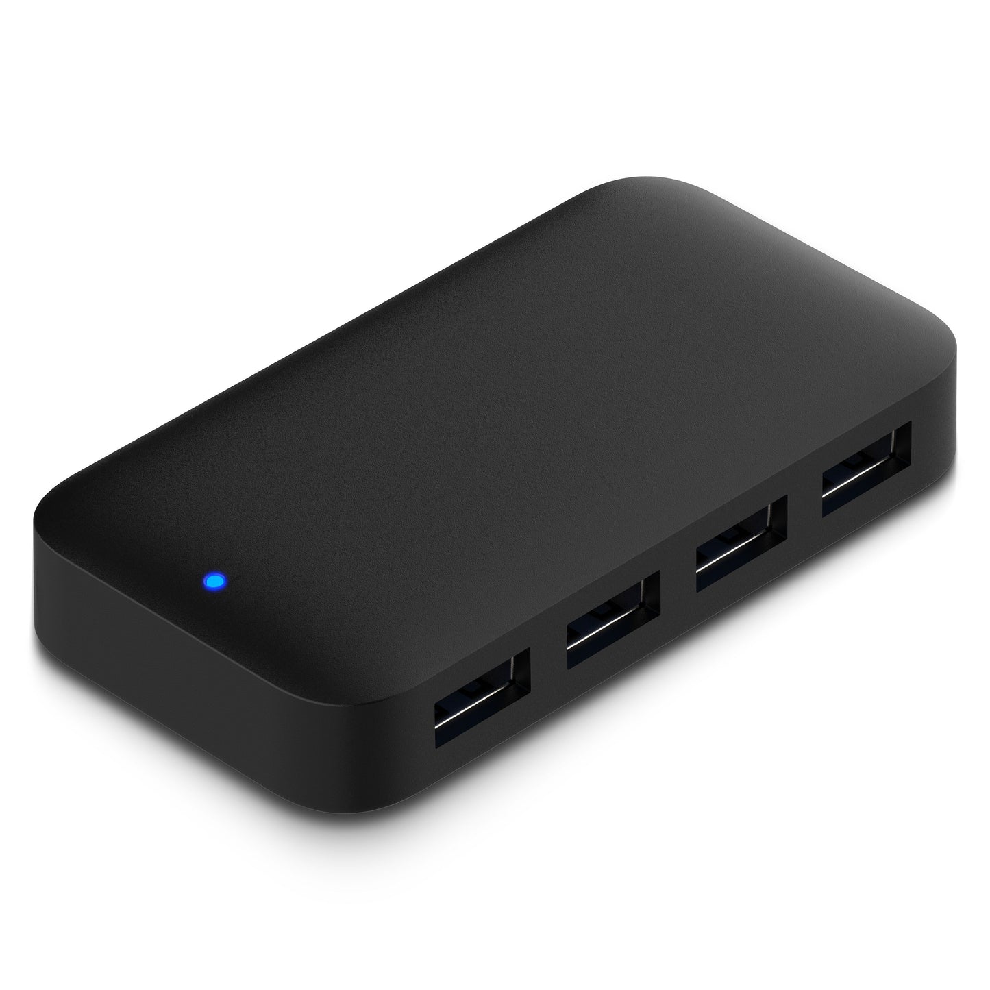 USB 3.0-hub, 5 Gb/s, med strømforsyning, 4 porte på én side, sort rektangulær med blå indikatorlampe.