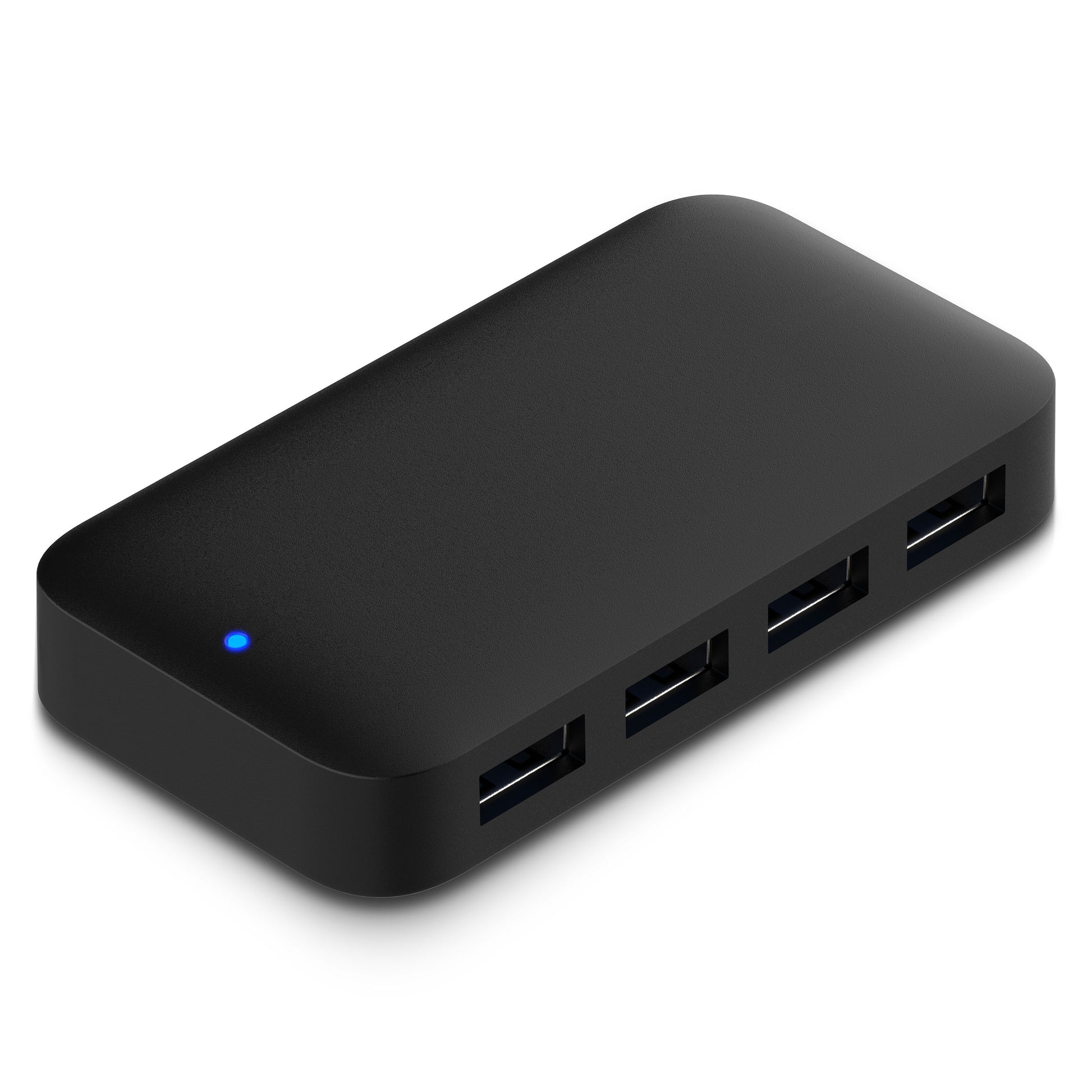 USB 3.0-hub, 5 Gb/s, med strømforsyning, 4 porte på én side, sort rektangulær med blå indikatorlampe.
