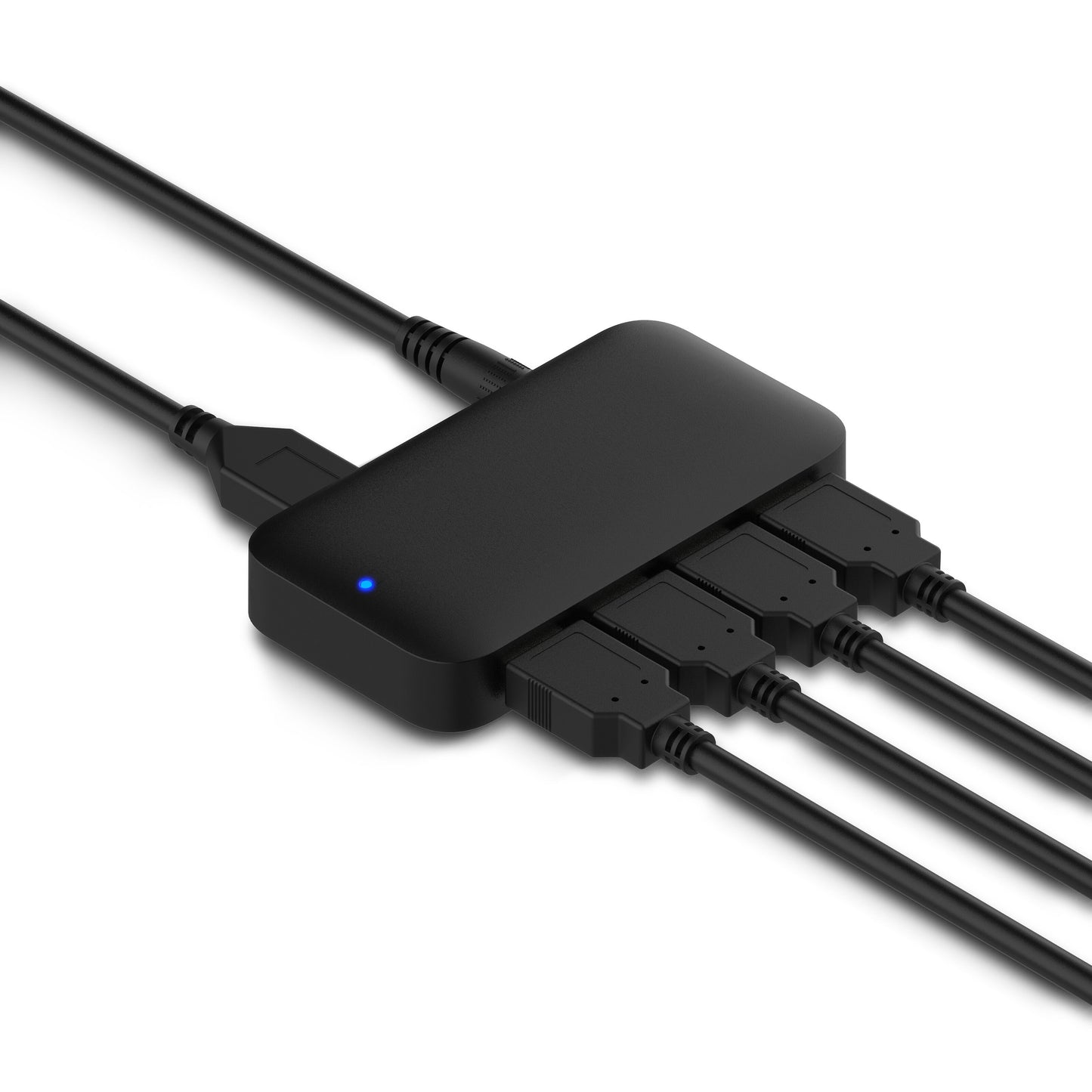 Plexgear USB 3.0 hub 5 Gb/s 4-vejs sort med blå indikatorlys og strømforsyning til op til fem USB-kabler.