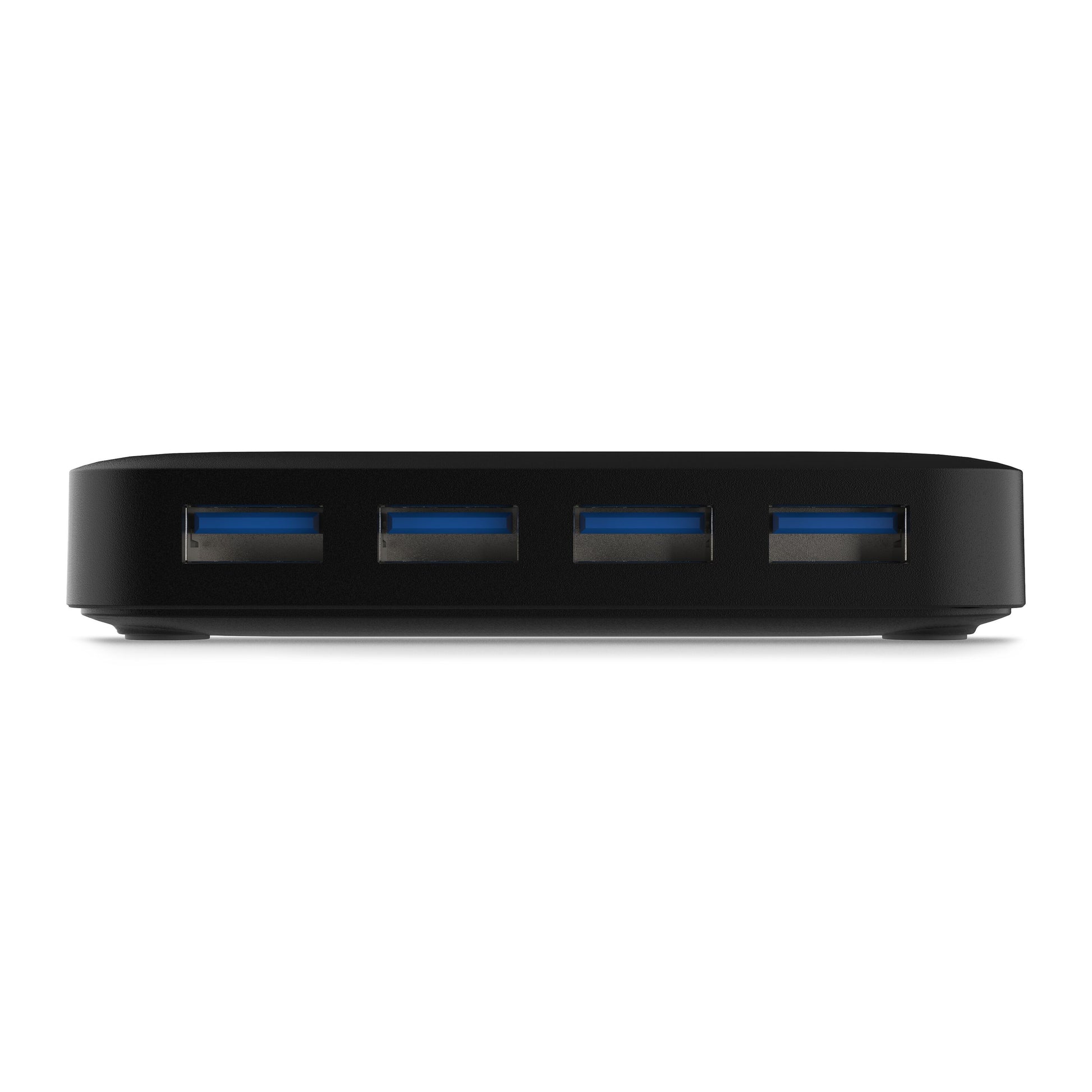 Plexgear sorterer USB-hub 5 Gb/s med strømforsyning og fire USB 3.0-porte på række, frontvisning.