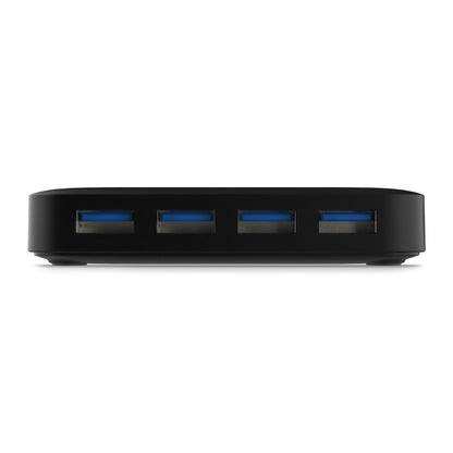 Plexgear sorterer USB-hub 5 Gb/s med strømforsyning og fire USB 3.0-porte på række, frontvisning.