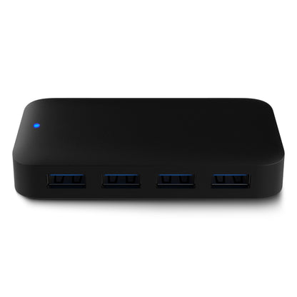 USB 3.0 hub 5 Gb/s, sort, 4 frontvendte porte, blå indikatorlampe, rektangulær, med strømforsyning.